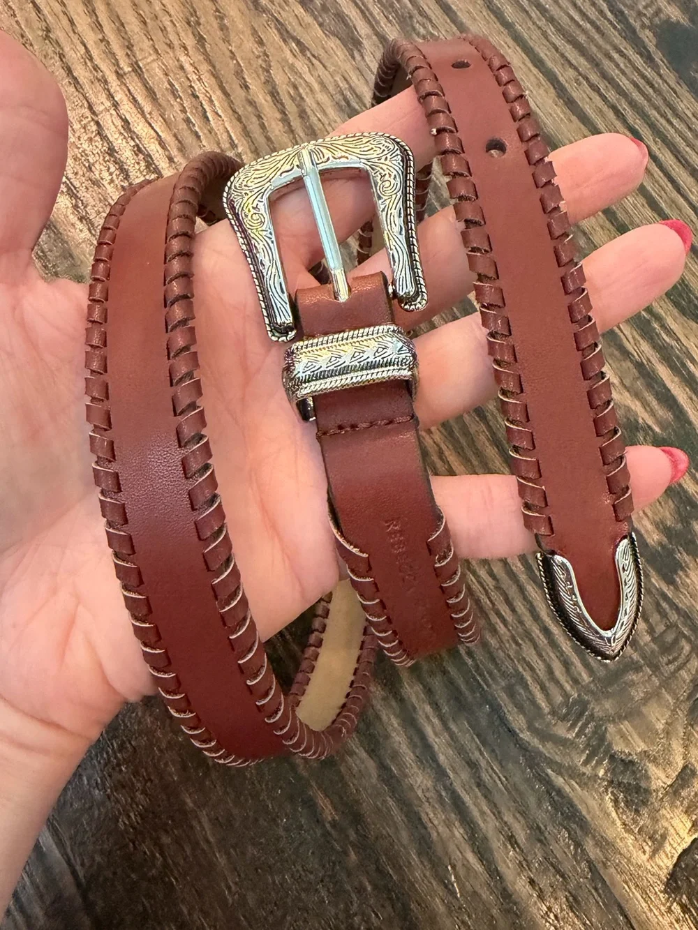 Rebecca Minkoff Brown Leather Western-Stitched Belt with Silver Buckle